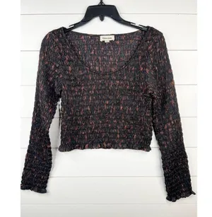 Open Edit Black Brown Ruche Smocked Long Sleeve Scoop Neck Crop Top Sz S thumbnail 2