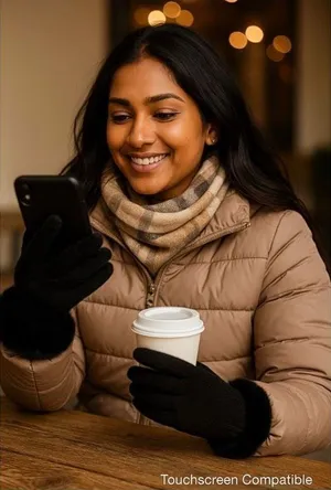 Women’s Black Thermal Winter Gloves Faux Fur Cuff Touchscreen Compatible thumbnail 1