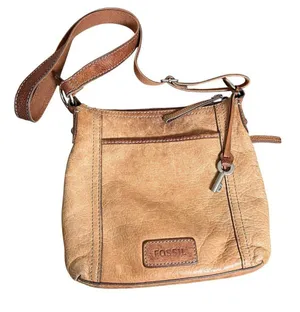 VTG FOSSIL Genuine Leather Brown Crossbody Bag Tan Satchel Zip-Top Key Charm Y2K thumbnail 1