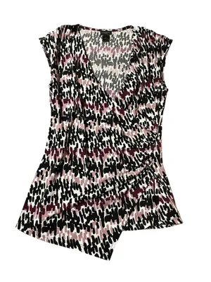 Ann Taylor Sleeveless Faux Wrap Top M Black Mauve Abstract Ruched Career Blouse thumbnail 1