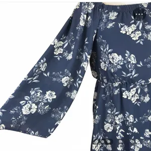 Altar'd State Navy Blue Floral Off-The-Shoulder Bishop Sleeve Mini Dress Small thumbnail 3