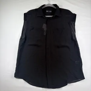 Zara Womens Black Sleeveless‎ Button Down Mesh Trim Pocket Shirt Medium NEW thumbnail 2
