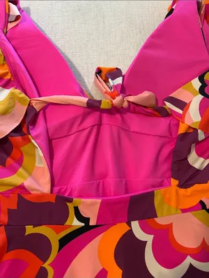 Trina Turk Fan Faire Ruffle Plunge One Piece Swimsuit, Pink/Orange, size 12, NWT thumbnail 7