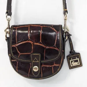 Dooney & Bourke Crossbody Womens Small Brown Croc Embossed Leather Saddle Bag thumbnail 1