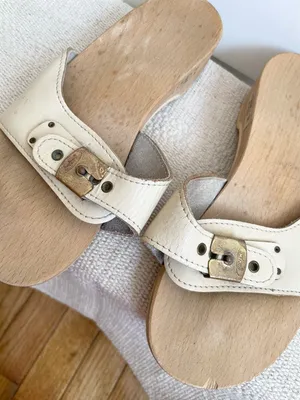 Vintage Dr Scholls Orig Clogs Women Size 6 Wooden Shoes Sandals Cream Austrian thumbnail 5