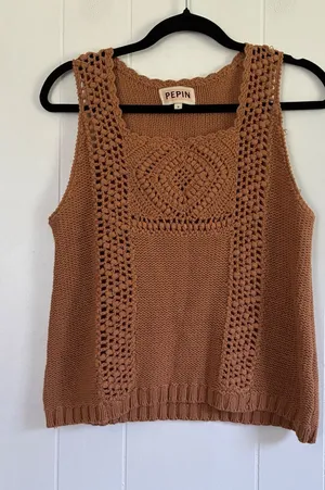 Pepin Brown Crochet Knit Sleeveless Sweater Vest Terracotta Boho Small thumbnail 1