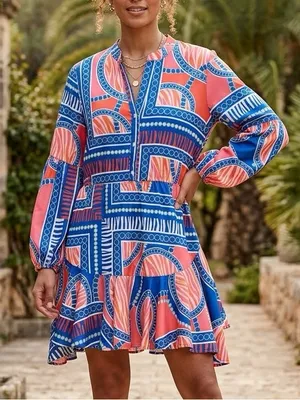 Printed V-Neck Mini Dress in Blue & Coral thumbnail 1