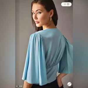Anthropologie • Size S Blue V-Neck Wide Flowing Kimono Style Sleeves Blouse NWT thumbnail 5