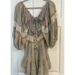 Free People Mini Dress Cozy Striped Puff‎ Sleeve Boho Fairy Sz S Open Tie Back thumbnail 4