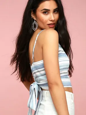 Lulus Wish You Swell Blue And White Striped Tie-back Crop Top - Size Medium thumbnail 2