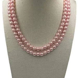 Vintage Pink Tone Double Strand Pink Faux Pearl Lightweight 33” Necklace thumbnail 3
