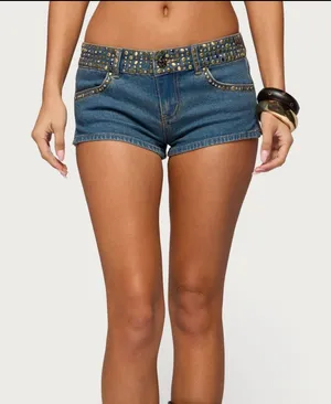 Edikted mini blue denim shorts with gold studs thumbnail 1