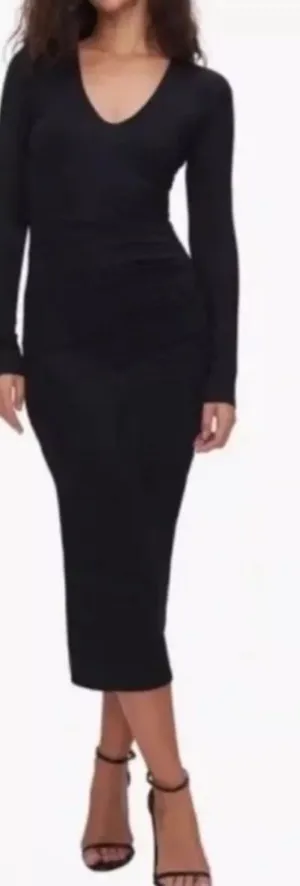 NWOT Good American V-Neck Bodycon Midi Black Dress 0 (US 0-2) SUPERGLUE FLAW thumbnail 1