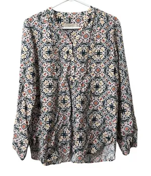 LOFT Tunic Top Size Small Long Sleeve‎ Paisley Rayon V Neck Lightweight Colorful thumbnail 1