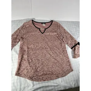 Onyx Apparel Women’s Lace Blouse L Pink/Black Pearl V-Neck Bell Sleeve 20195CM thumbnail 3