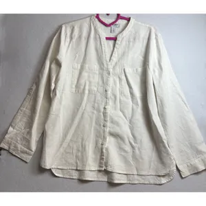 Nine West Jeans Womens Linen Blend Button Down Top Cream Long Sleeve Medium thumbnail 3