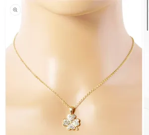 Stone Paved Mini Clover Pendant Necklace-Gold thumbnail 1