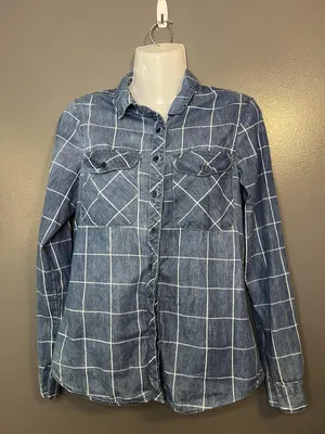 Japna Shirt Womens Small Blue Chambray Windowpane Plaid Button Down Long Sleeve thumbnail 1
