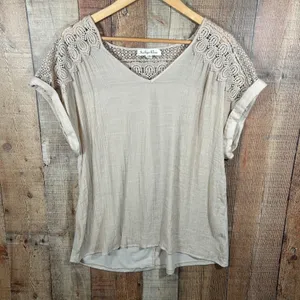 Indigo Rose 1X Beige Crinkle Gauze Blouse Lace Crochet Boho Cottagecore Top Plus thumbnail 1