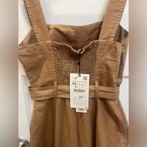 Zara brown linen-blend midi dress with matching belt and Slit Size XS thumbnail 6