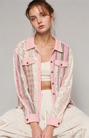 POL Patchwork Plaid LaceRelaxed Hooded Shirt Jacket Size Small thumbnail 1