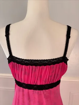 Urban Outfitters Hot Pink Slip Dress with Black Lace Trim Sz Large 90s Y2K Mesh thumbnail 9