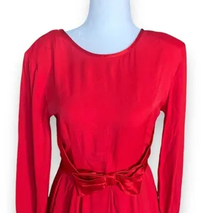 Vintage Nina Piccalino Cherry Red Dress Satin‎ Bow Detail Scoopneck Long Sleeve thumbnail 2