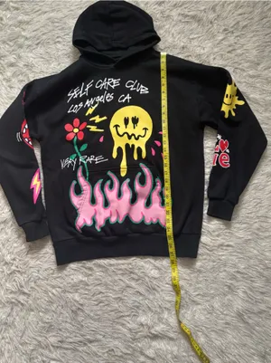 PacSun Black with Yellow, Pink & Green Graphic Unisex Pullover Hoodie Size S thumbnail 5