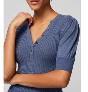 White House | Black Market Elbow Sleeve Cashmere Blend Puff Henley Sweater Blouse V-Neck Fuzzy Ribbed thumbnail 3