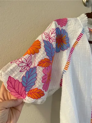 THML Floral Embroidered Puff Sleeves Ruffle Neck Texture Popover Top Size Small thumbnail 5
