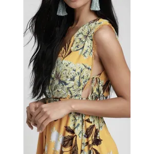 Free People "Marnie" Golden Yellow Floral Short Dress Size S Rayon Boho Floral. thumbnail 6