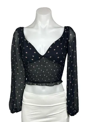 Princess Polly Black Daisy Floral Sheer Long Sleeve Smocked Cropped Top Size 2 thumbnail 1