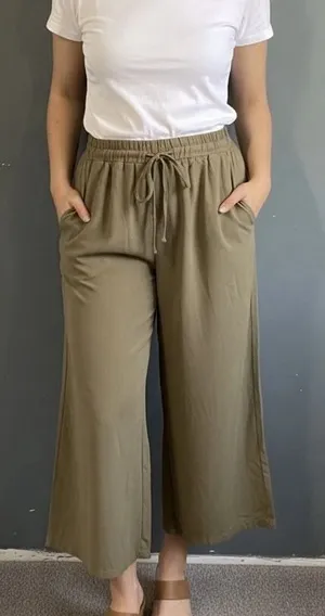 CIDER Green Wide Leg Drawstring Cropped Pants Women 100 Polyester Casual Comfort thumbnail 1