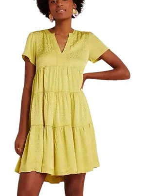 Anthropologie Maeve Sacha Jacquard Tiered Tunic Mini Dress Yellow Size Small thumbnail 1