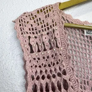 Reference Point Vintage Crochet Tank Top Long Vest Size L Pink Boho Hippie Fairy Embellished Y2K thumbnail 7