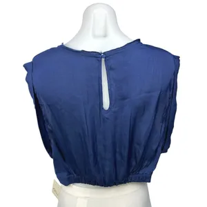 NEW Free People Silk Satin Remi Smokey Sapphire Cuffed Cap Sleeve Crop Top Sz L thumbnail 3