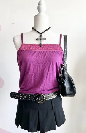 Purple Lace Trim Tank Top, Y2K, Feminine, Boho,‎ Soft Girl, 2000s, XL, Vintage thumbnail 1