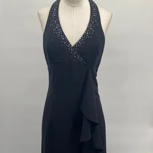Vintage Y2k Rhinestone Halter Ball Gown V Neck Surplice Ruffle Front Black 4 thumbnail 4