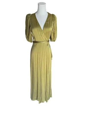 & Other Stories - Satin Wrap Midi Maxi Dress Olive Green Puff Sleeve Sz US 4 thumbnail 3