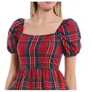 COPPER KEY Plaid Tiered Mini Dress Women Large Red Puff Sleeve Square Neck‎ NWT thumbnail 2