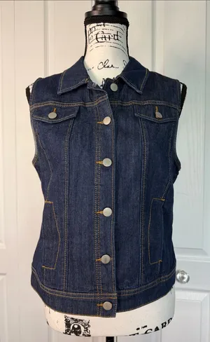 New York & Company Dark Blue Denim Sleeveless Jean Jacket thumbnail 1