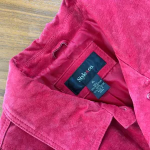 Y2K Vintage Suede Chore Jacket Deep Cherry Red Leather Coat Boho Western Utility thumbnail 3