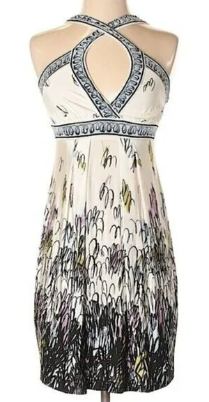 BCBGMAXAZRIA Women's Size XS Halter Sun Dress‎ Cream Blue Floral Surplice Neck thumbnail 1