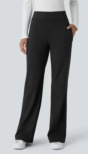 Halara Flex Day Stretch Mid Rise Side Zipper Pocket Work Flare Pants Black L thumbnail 1