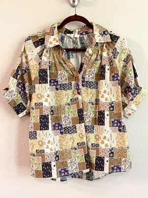 Entro Floral Patchwork Puff Sleeves Popover Cotton Top Size Small thumbnail 1