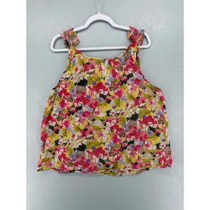 LOFT Floral Tank Top Women Large Multicolor Smocked Ruffle Strap Boho Scoop Neck thumbnail 2