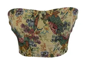 Floral Tapestry Corset Crop Top Lace Up Back Strapless‎ Woven Bodice Small Boho thumbnail 1