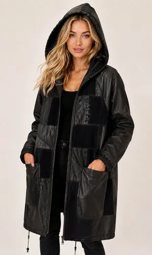 Vintage Winlit Leather Patchwork Coat Hooded Artisanal Eclectic Y2K Indie Sleaze thumbnail 1