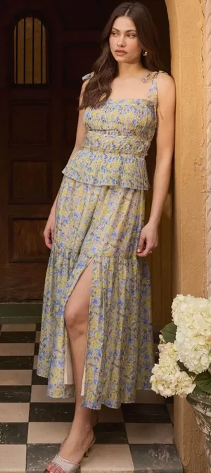 ASTR The Lind Floral Pleated Maxi Dress in Blue Yellow Floral Size Small NEW thumbnail 1
