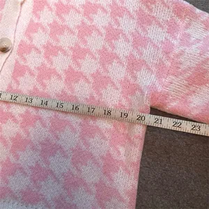 Pink Houndstooth Long Sleeve Cropped Cardigan Sweater thumbnail 7